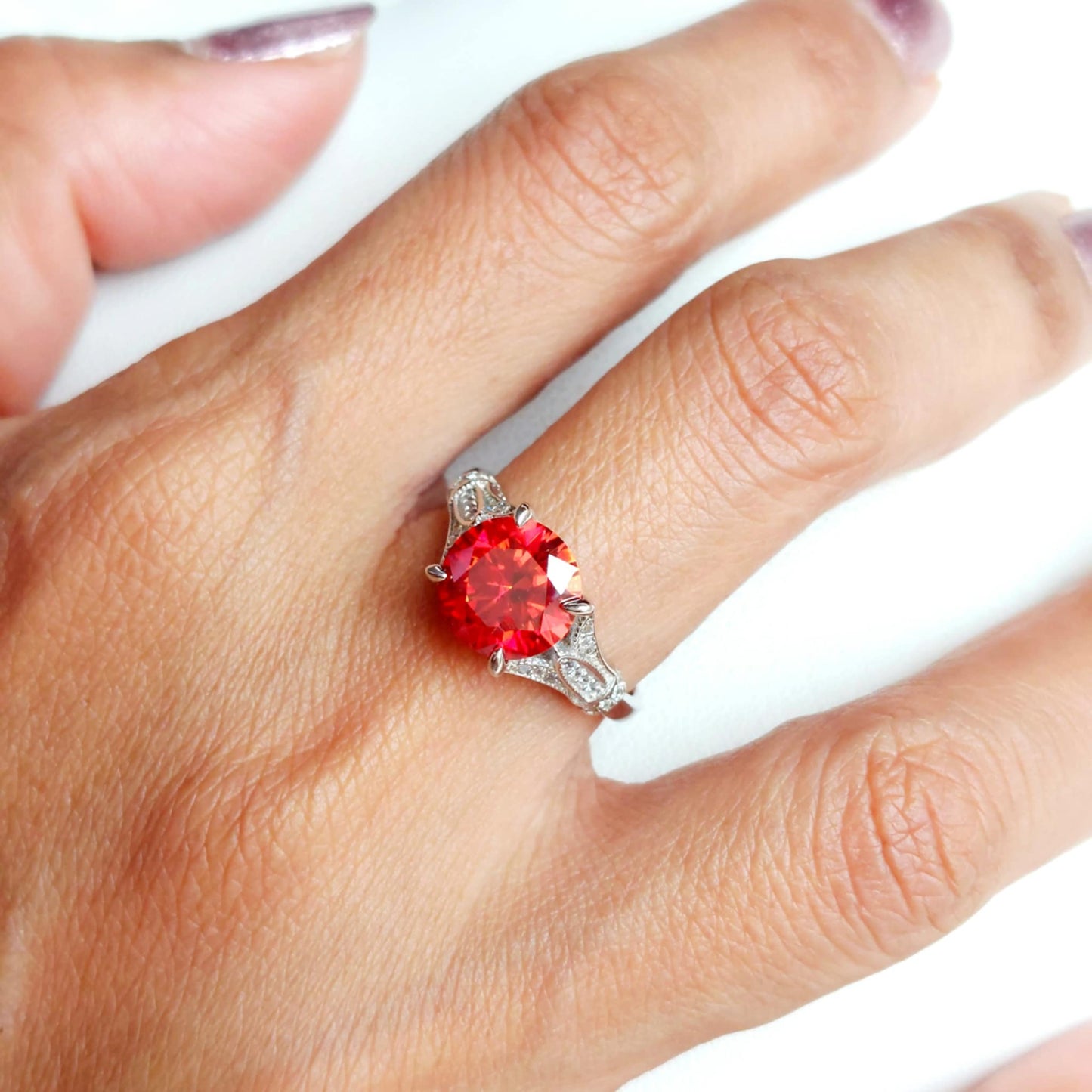 3ct Red Moissanite Diamond Ring in Sterling Silver