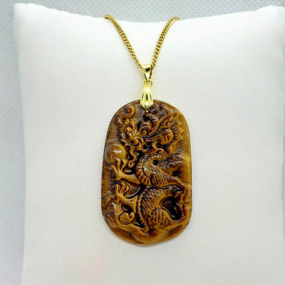 Natural Tiger Eye Dragon Pendant with Stainless Steel Gold Plated Chain Necklace