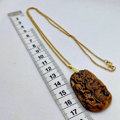 Natural Tiger Eye Dragon Pendant with Stainless Steel Gold Plated Chain Necklace