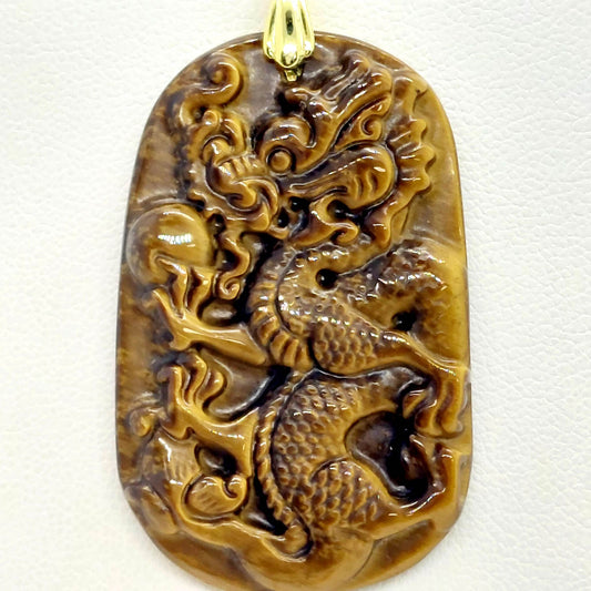 Natural Tiger Eye Dragon Pendant with Stainless Steel Gold Plated Chain Necklace