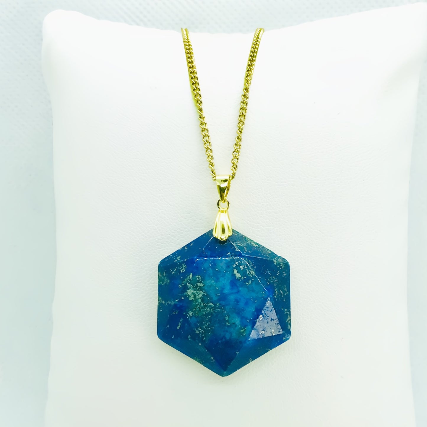 Natural Lapis Hexagon Pendant - Stainless Steel Gold Plated Chain Necklace