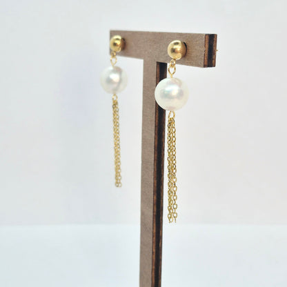 Natural 12mm Pearl Dangle Earrings in Stainless Steel Gold Plated