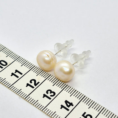 Natural 10mm Peach Pearl Stud Earrings in Sterling Silver