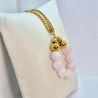Circle of Natural Rose Quartz Pendant with Gold Plated Stainless Steel Chain Necklace