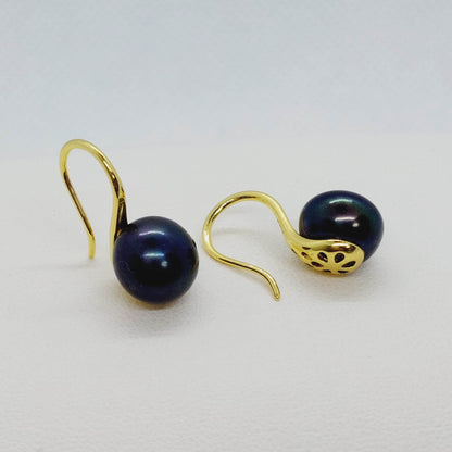 Natural Black Pearl Dangle Earrings - 10mm - Sterling Silver