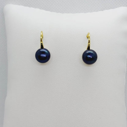 Natural Black Pearl Dangle Earrings - 10mm - Sterling Silver