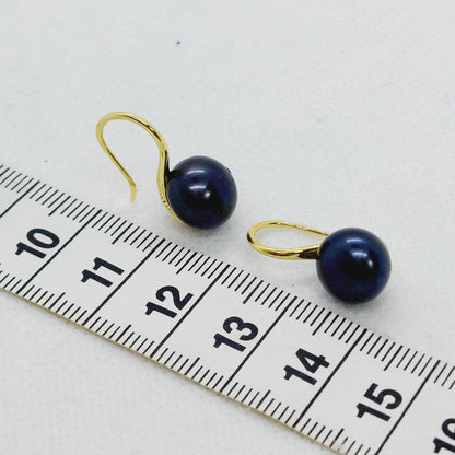 Natural Black Pearl Dangle Earrings - 10mm - Sterling Silver