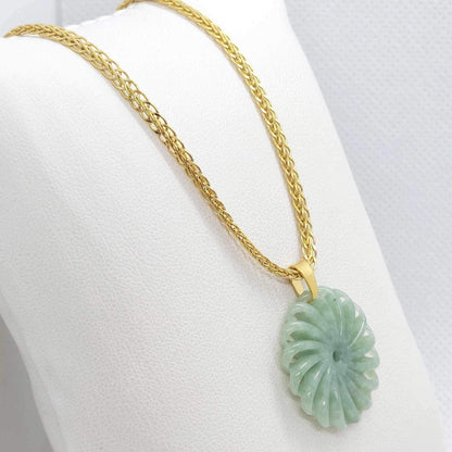 Natural Burmese Jade Flower of Life Pendant with Gold Plated Stainless Steel Chain Necklace