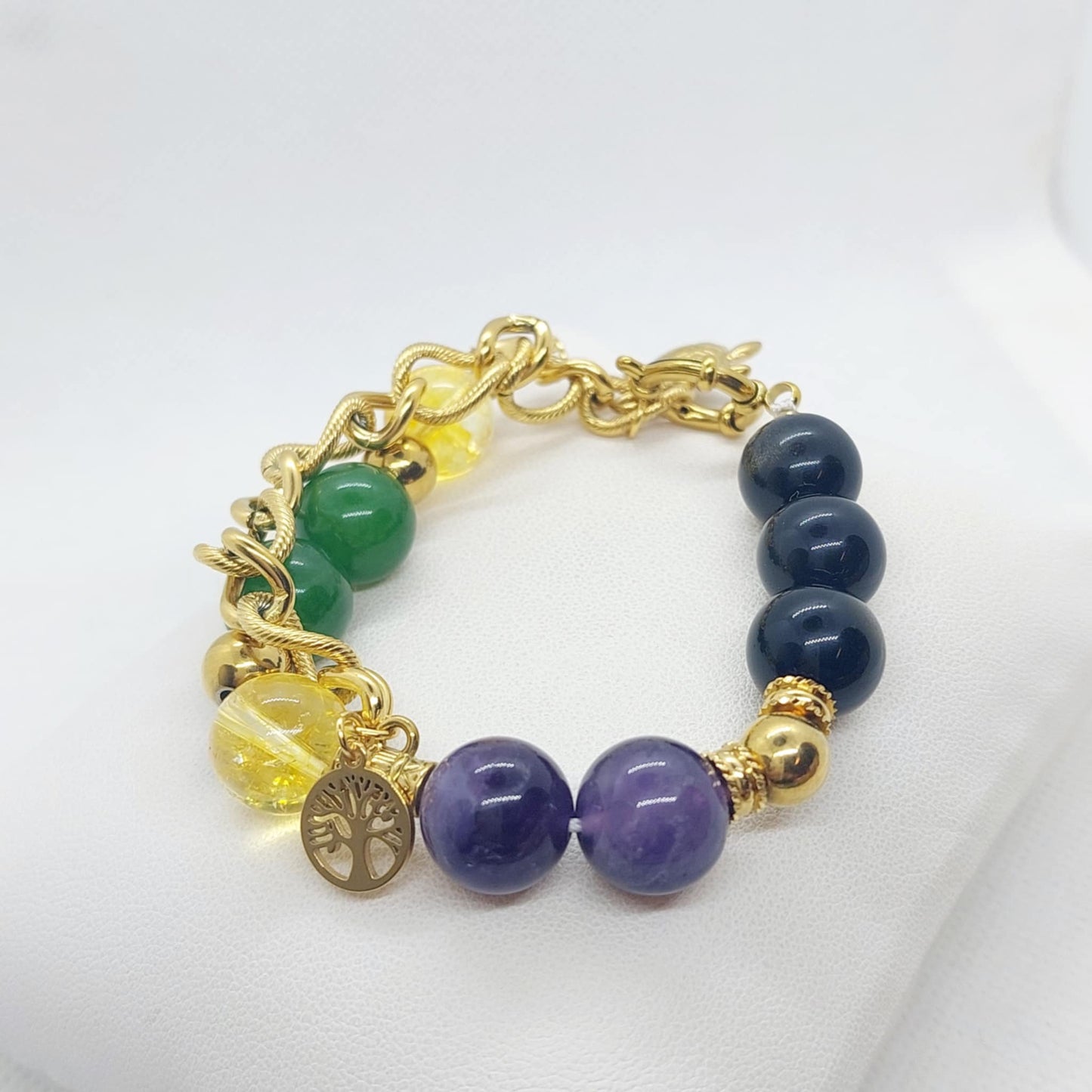 Natural Stone Bracelet with Obsidian, Citrine, Jade and Amethyst in 12mm Stones