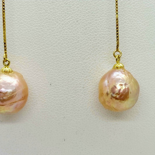 Natural Pink Baroque Pearl Dangle Earrings with 10mm Stones in Stainless Steel