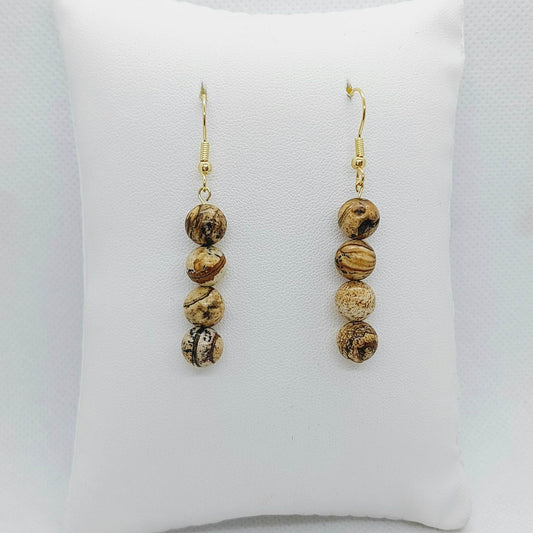 Natural Picture Jasper Dangle Earrings with 8mm Stones in Stainless Steel Gold Plated