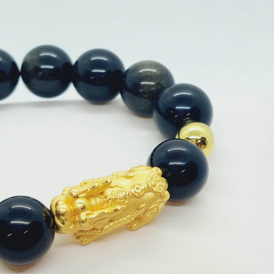 Natural Obsidian with Silver Pixiu Bracelet in 12mm Stones and a Silver Pixiu