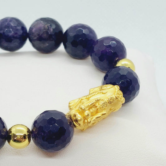 Natural Faceted Amethyst Bracelet with 14mm Stones and a Silver Pixiu