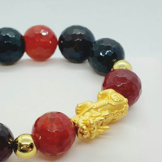 Natural Faceted Tourmaline Bracelet with 14mm Stones and a Silver Pixiu