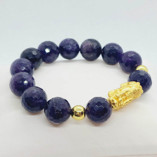 Natural Faceted Amethyst Bracelet with 14mm Stones and a Silver Pixiu