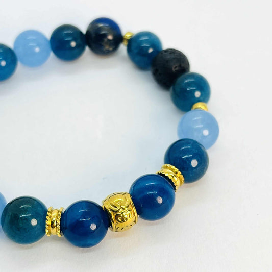 Natural Mixed Blue Stone Bracelet in 10mm Stones with Lapis, Chalcedony, Apatite and Lava