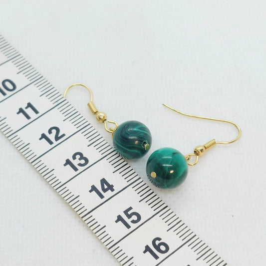 Natural Malachite Dangle Earrings with 10mm Stones in Stainless Steel