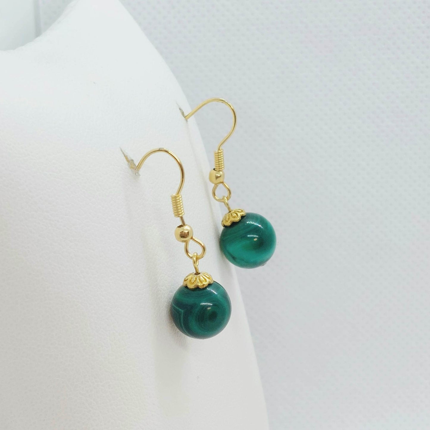 Natural Malachite Dangle Earrings with 10mm Stones in Stainless Steel