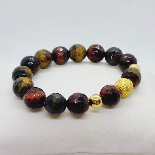Faceted Mixed Red and Yellow Tiger Eye Bracelet with 12mm Stones