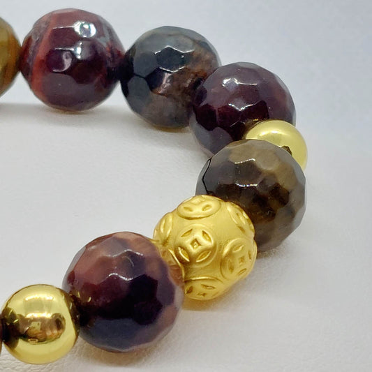Faceted Mixed Red and Yellow Tiger Eye Bracelet with 12mm Stones