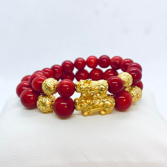 Natural White Coral Dyed Red Bracelet - 10 & 12mm - Feng Shui Pixiu