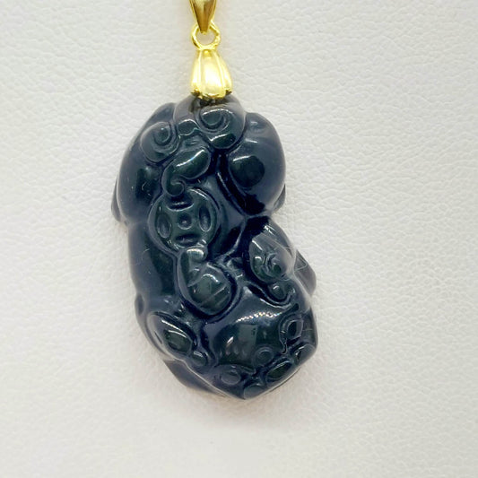Natural Obsidian Pixiu Pendant with Stainless Steel Gold Plated Chain Necklace