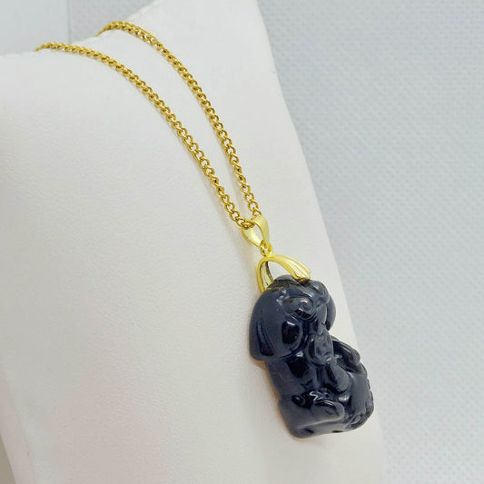 Natural Obsidian Pixiu Pendant with Stainless Steel Gold Plated Chain Necklace