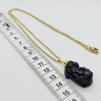 Natural Obsidian Pixiu Pendant with Stainless Steel Gold Plated Chain Necklace