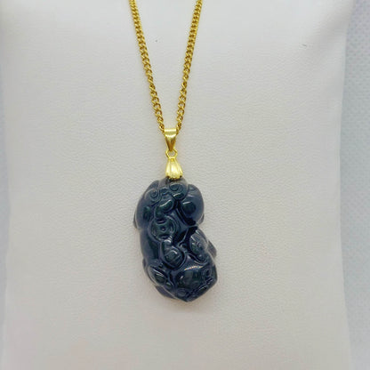 Natural Obsidian Pixiu Pendant with Stainless Steel Gold Plated Chain Necklace