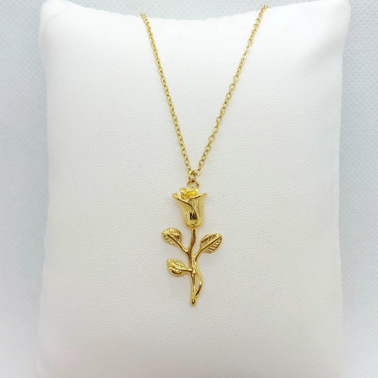 Rose Flower Pendant Necklace in Stainless Steel Gold Plated
