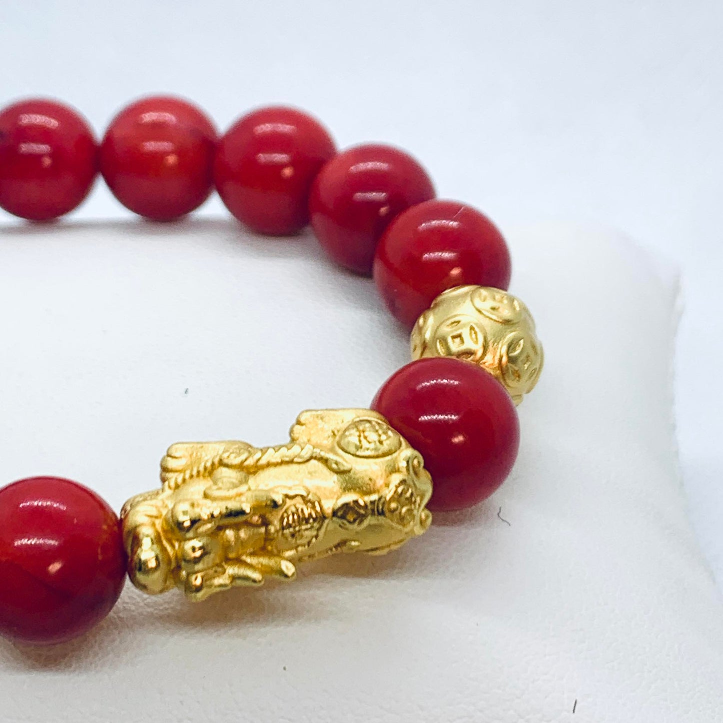 Natural White Coral Dyed Red Bracelet 10 or 12mm with Pixiu