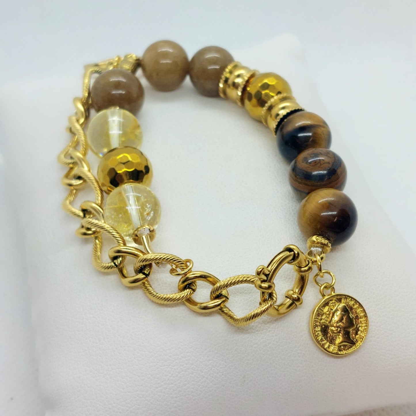 Natural Stone Bracelet with Brown Jade, Citrine, Tiger Eye and Hematite in 12mm Stones