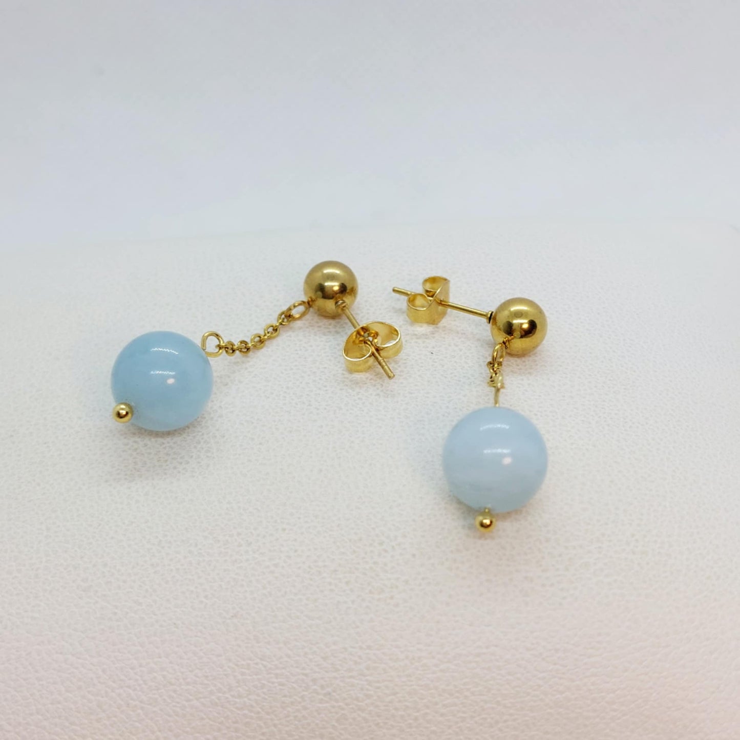 Natural 10mm Aquamarine Stone Earrings in Gold Plated Stainless Steel