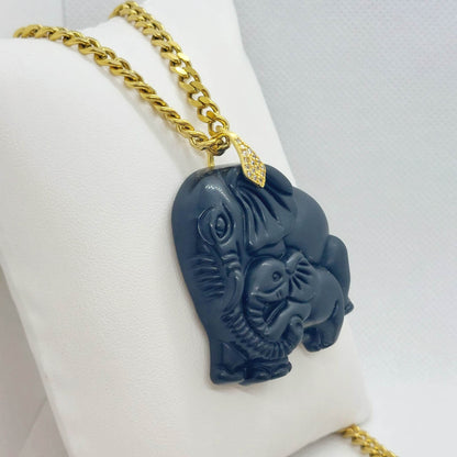 Natural Obsidian Mother Elephant with Baby Pendant - Stainless Steel Chain Necklace
