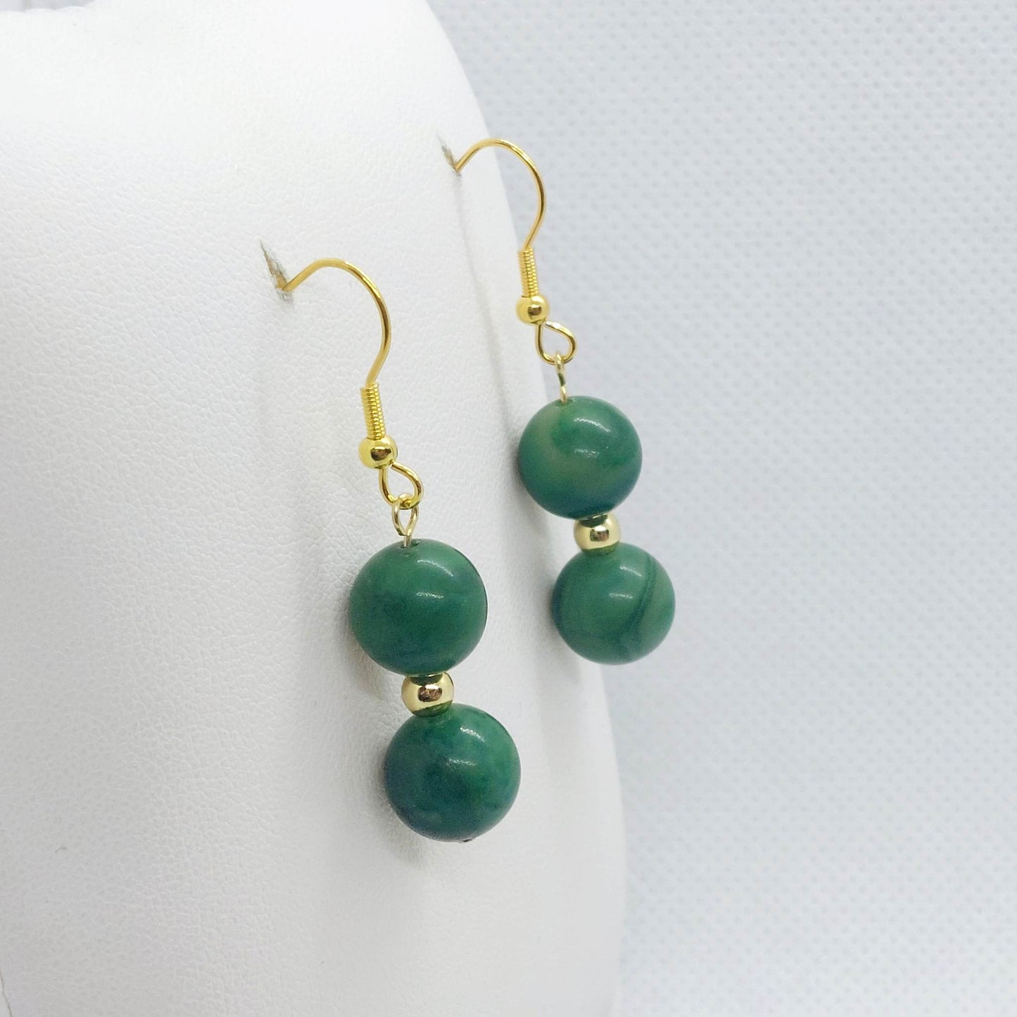 Natural South African Jade Dangle Earrings with 10mm Stones in Stainless Steel Gold Plated