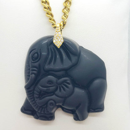 Natural Obsidian Mother Elephant with Baby Pendant - Stainless Steel Chain Necklace