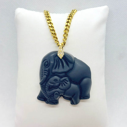 Natural Obsidian Mother Elephant with Baby Pendant - Stainless Steel Chain Necklace