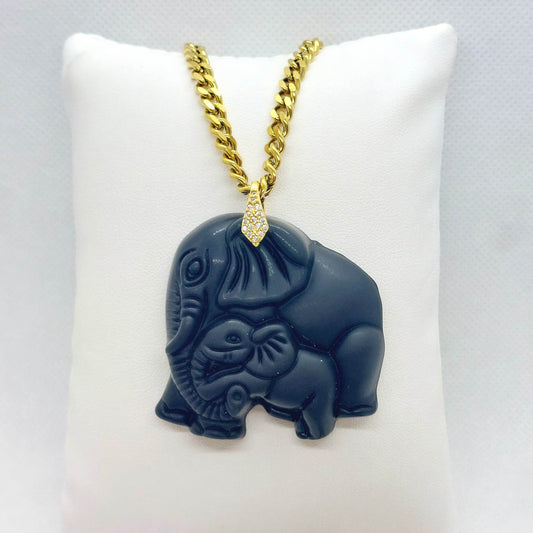 Natural Obsidian Mother Elephant with Baby Pendant - Stainless Steel Chain Necklace