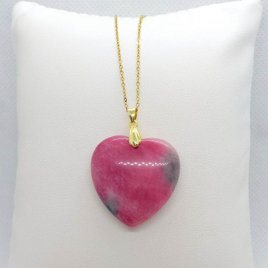 Natural Chinese Peach Blossom Jade Heart Pendant with Stainless Steel Chain Necklace