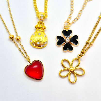 Gold Plated Stainless Steel Pendant with Chain Necklace, Heart, Flower, Clover and Money Bag