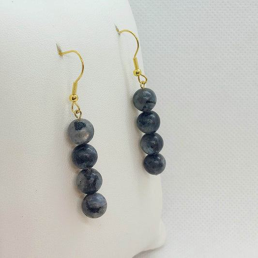 Natural Grey Jasper Dangle Earrings with 8mm Stones in Gold Plated Stainless Steel