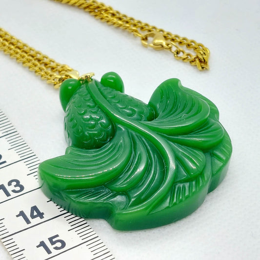 Natural Hetian Jade Lucky Fish Pendant with Stainless Steel Chain Necklace