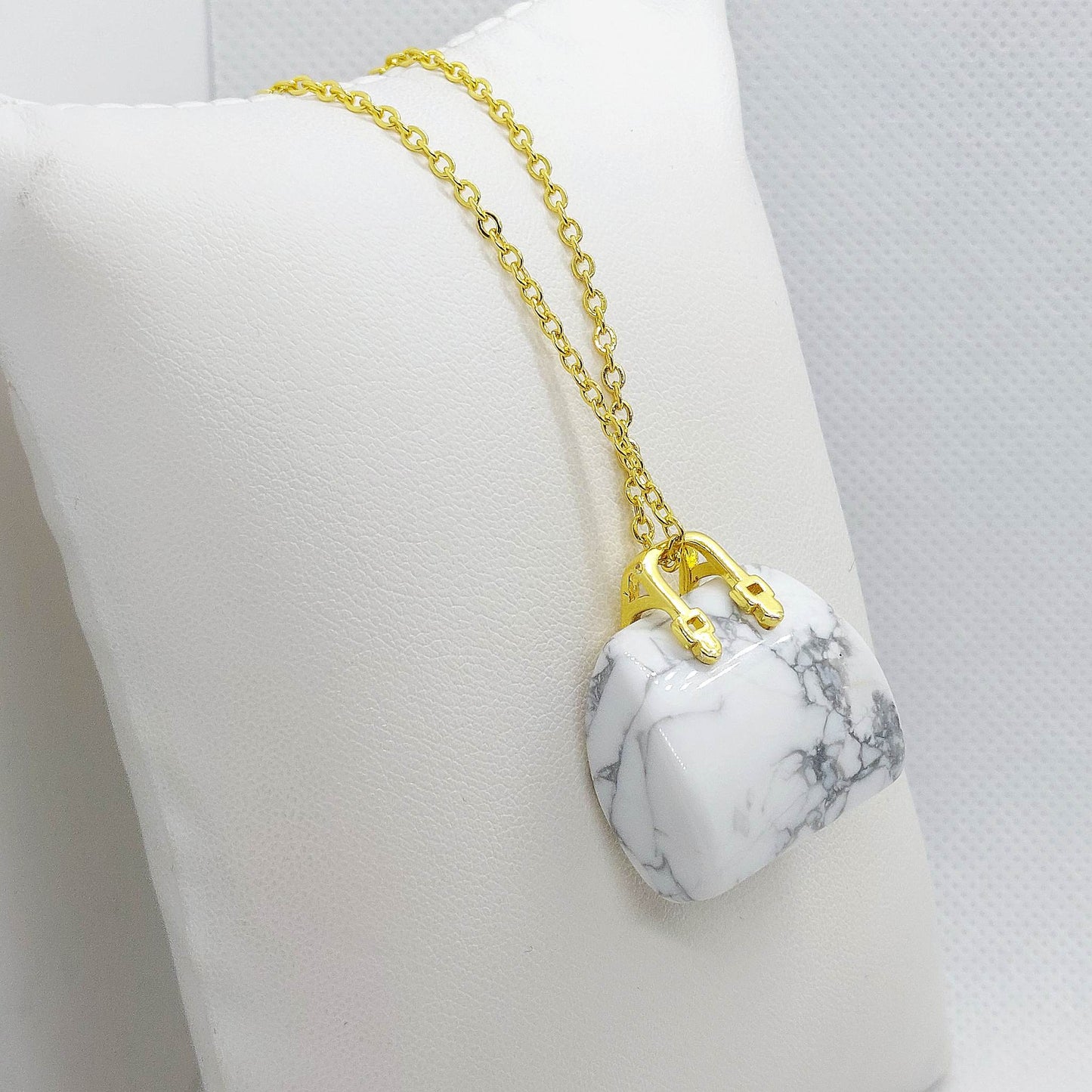Natural White Howlite Handbag Pendant - Stainless Steel Gold Plated Chain Necklace