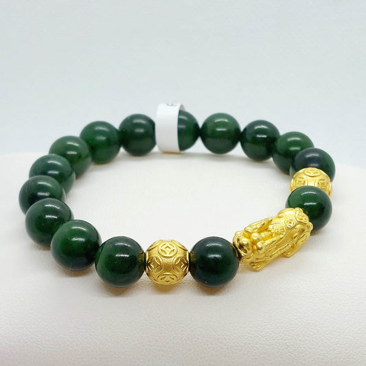 Natural Canadian Jade Bracelet in 10mm Stones with Silver Pixiu Feng Shui
