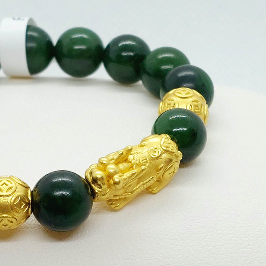 Natural Canadian Jade Bracelet in 10mm Stones with Silver Pixiu Feng Shui