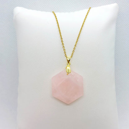 Natural Rose Quartz Hexagon Pendant - Stainless Steel Gold Plated Chain Necklace