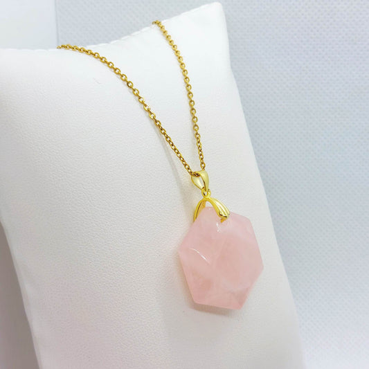 Natural Rose Quartz Hexagon Pendant - Stainless Steel Gold Plated Chain Necklace