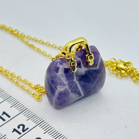 Natural Amethyst Handbag Pendant - Stainless Steel Gold Plated Chain Necklace