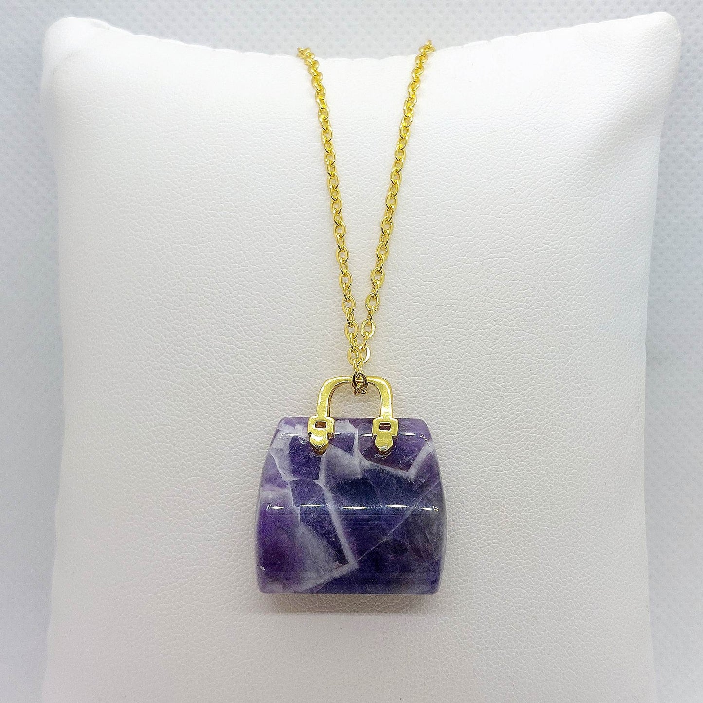 Natural Amethyst Handbag Pendant - Stainless Steel Gold Plated Chain Necklace