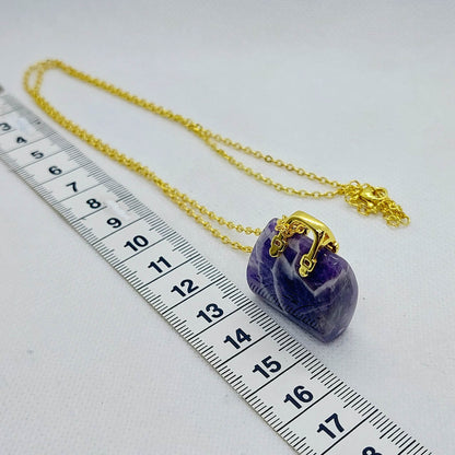 Natural Amethyst Handbag Pendant - Stainless Steel Gold Plated Chain Necklace